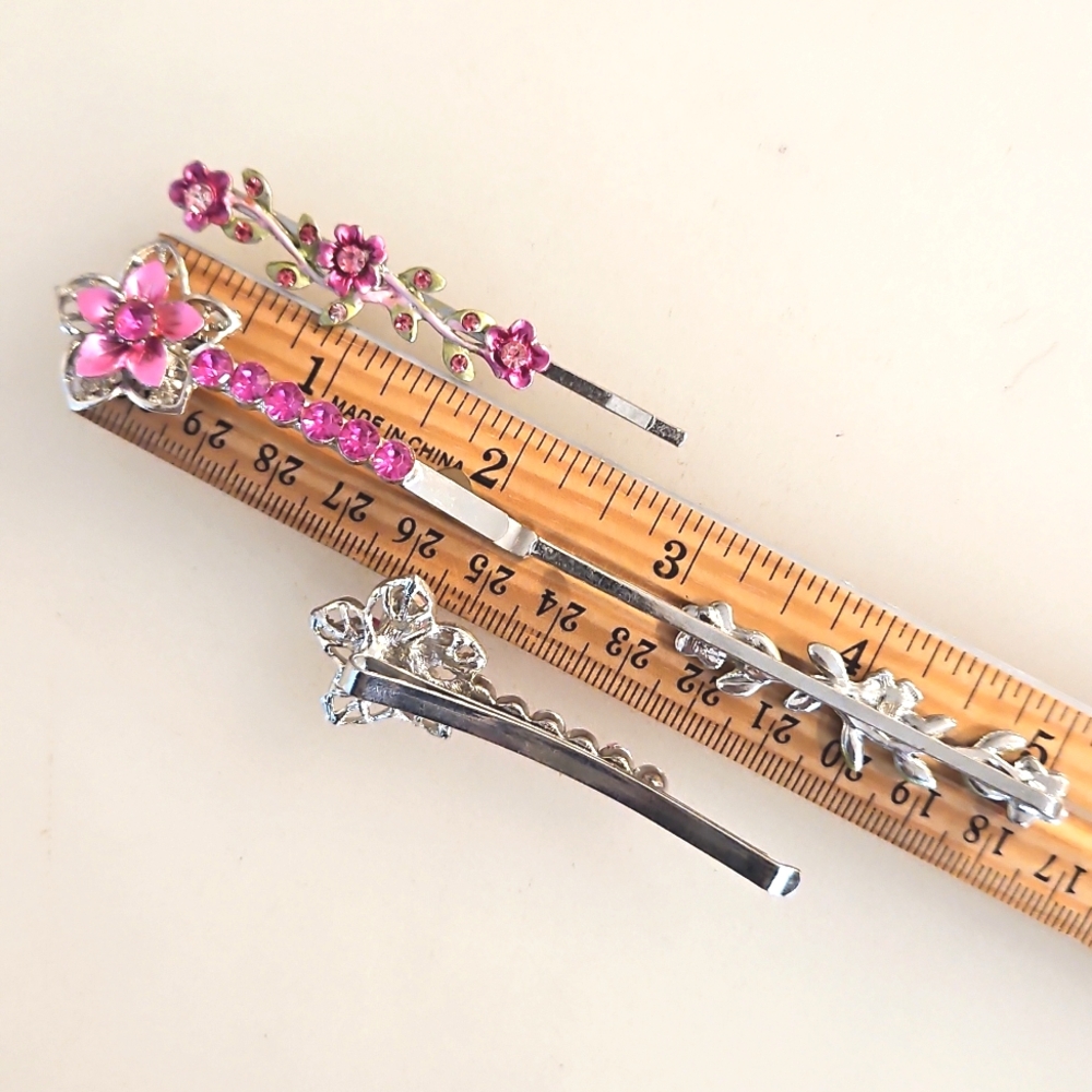 4 Pc. pink floral. Rhinestones hair pins Special Occasion Bun Braid Prom Party - Picture 2 of 5